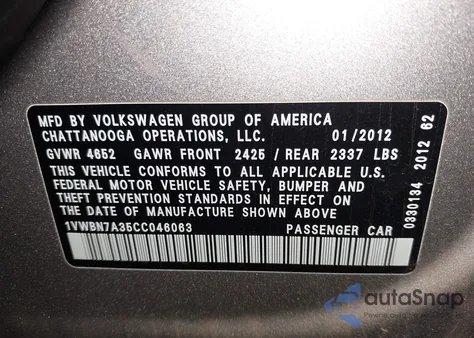 2012 Volkswagen Passat 2.0L Tdi Se из США, поврежденный, VIN 1VWBN7A35CC046063